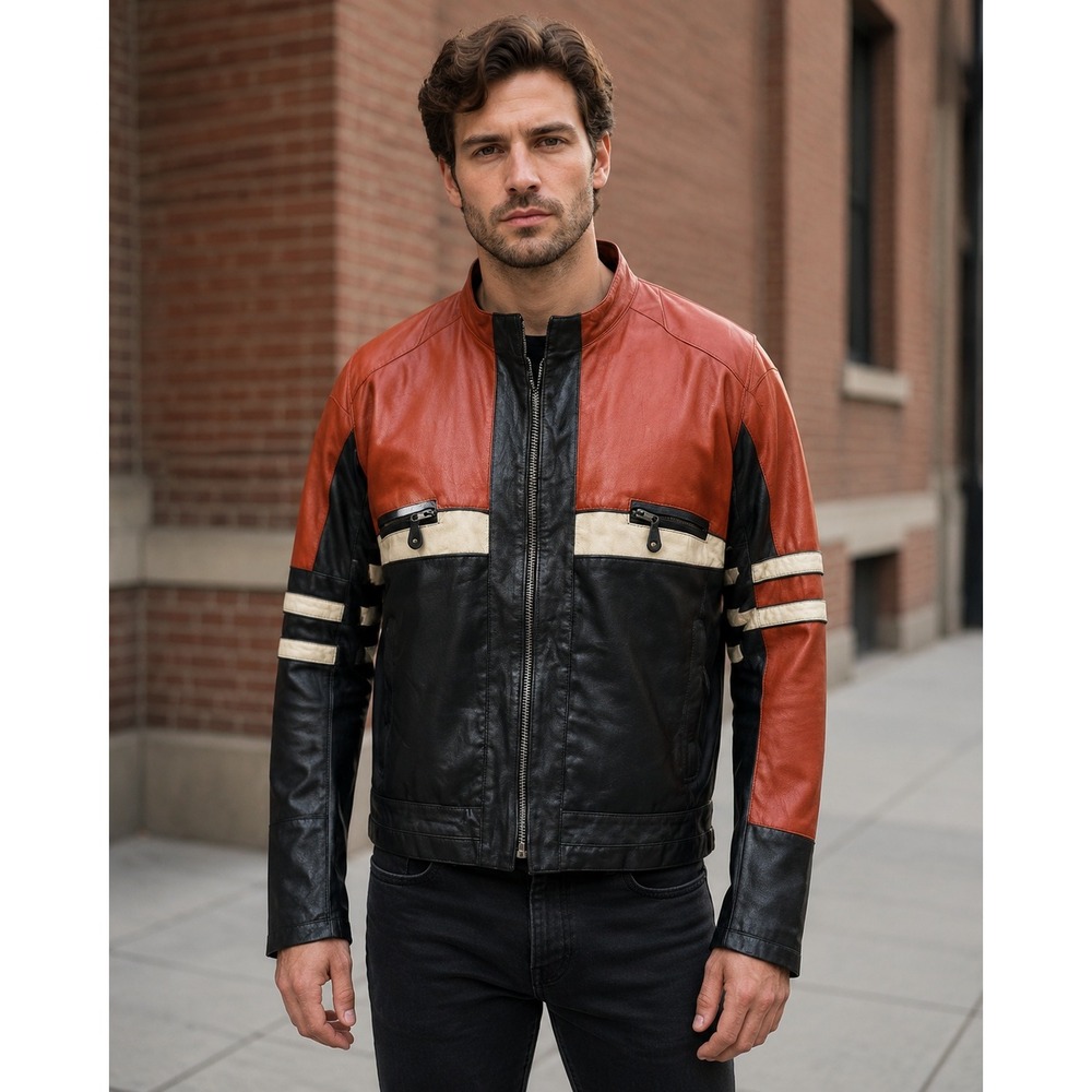 Harley-Davidson Mens M Orange Black Colorblock Leather Panel Racing Jacket